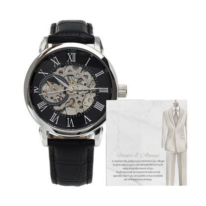 Men's Openwork Watch – Forever & Always Wedding Gift for Husband, Luxury Automatic Skeleton Dial, Genuine Leather Band, Timeless Anniversary Gift
