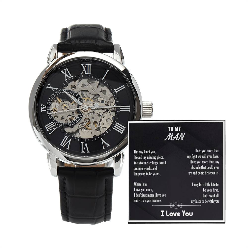 Men’s Openwork Watch – Love You More Gift for Boyfriend or Husband, Luxury Automatic Skeleton Dial, Genuine Leather Band, Romantic Gift for Him