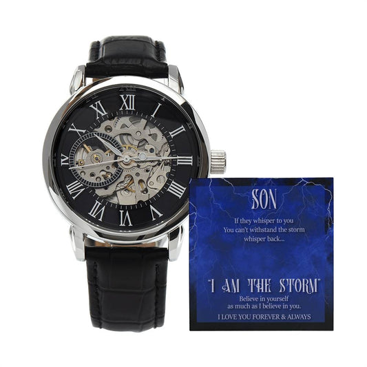 Men’s Openwork Watch – Inspirational Gift for Son, Luxury Automatic Skeleton Dial, Genuine Leather Band, Motivational Gift from Mom or Dad