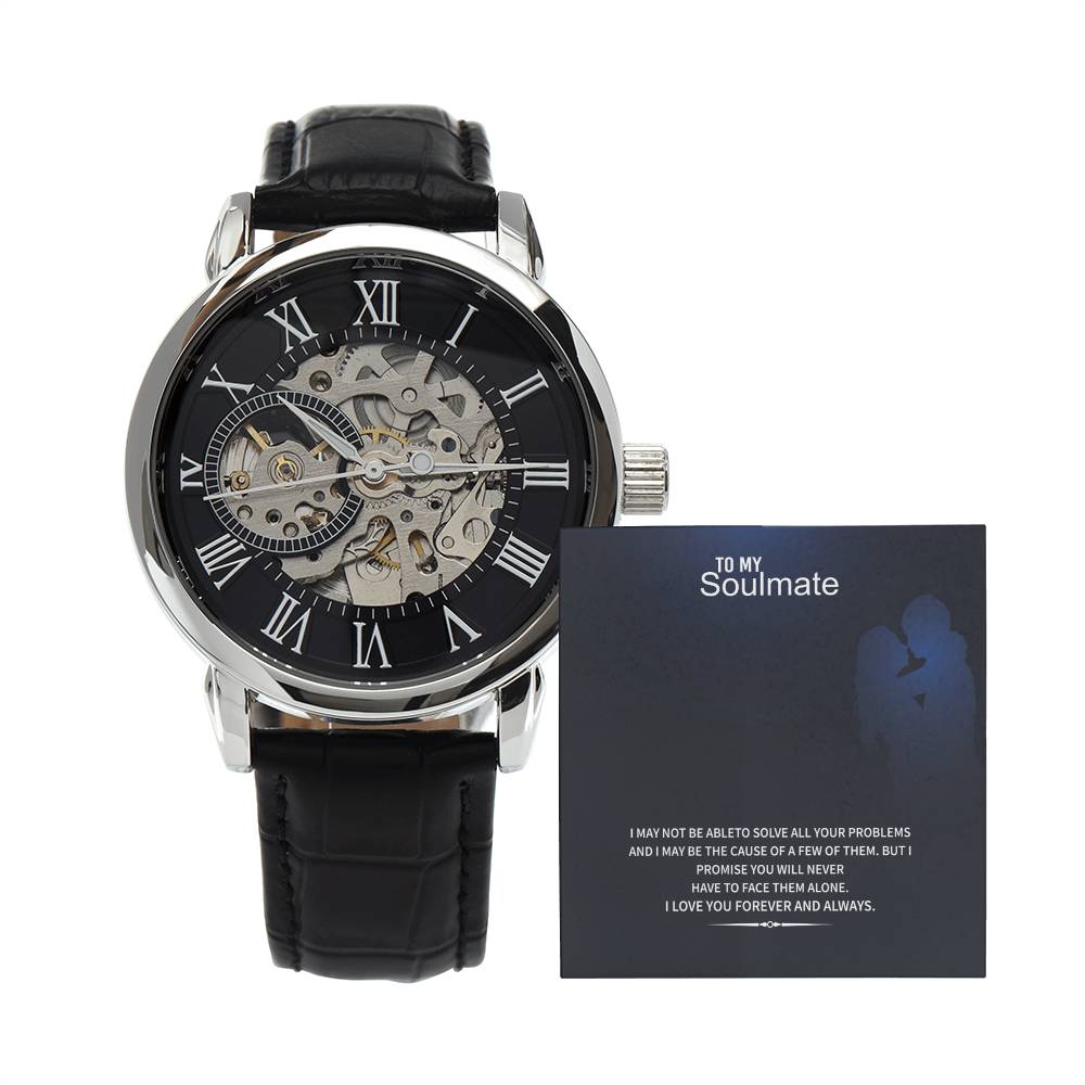 Men’s Openwork Watch – To My Soulmate Gift, Luxury Automatic Skeleton Dial, Genuine Leather Band, Romantic Anniversary or Birthday Gift for Him