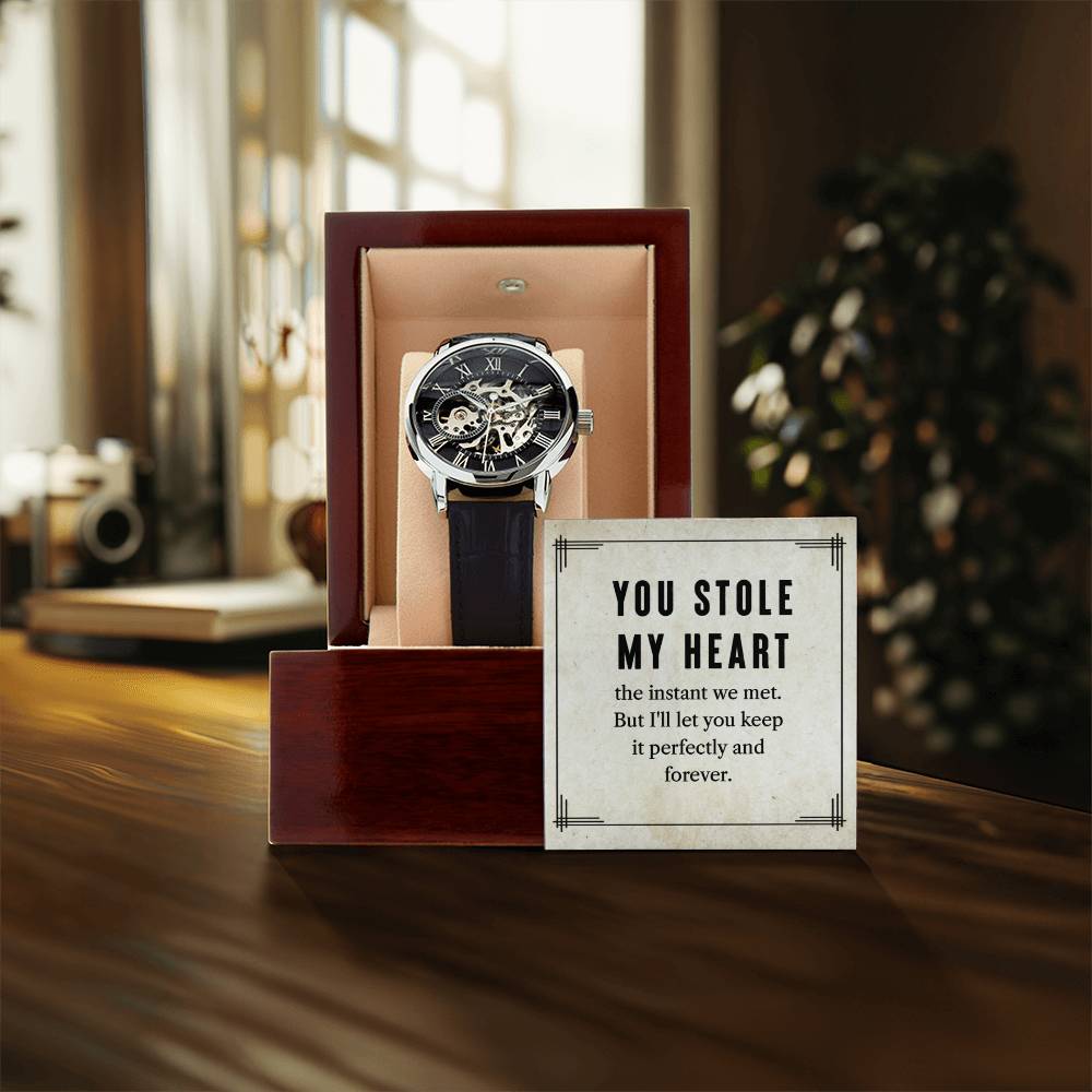 My man-You stole my heart - Men's Openwork Watch with Mahogany Box