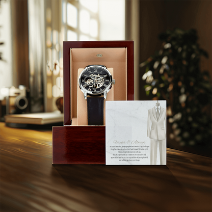 Men's Openwork Watch – Forever & Always Wedding Gift for Husband, Luxury Automatic Skeleton Dial, Genuine Leather Band, Timeless Anniversary Gift