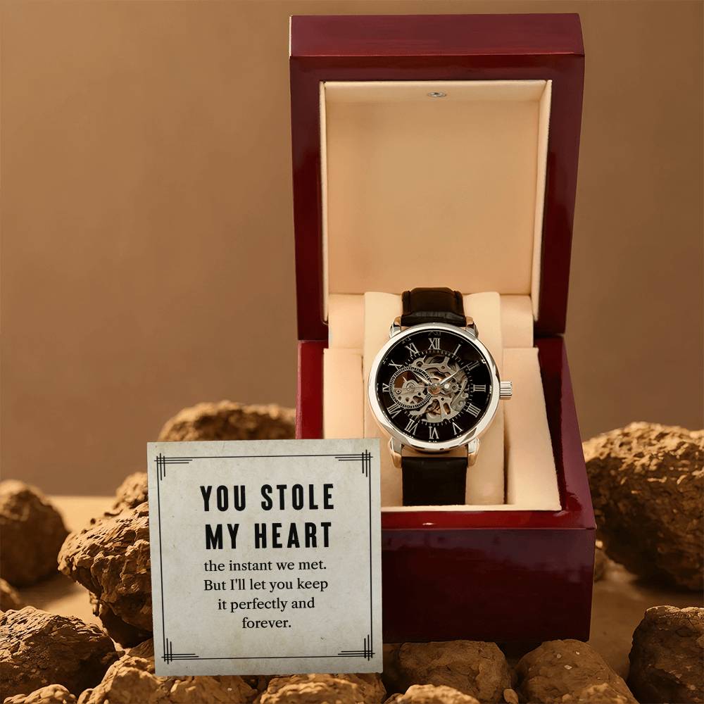 My man-You stole my heart - Men's Openwork Watch with Mahogany Box