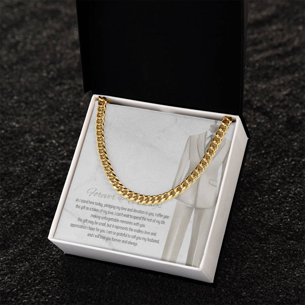 Men’s Cuban Link Chain – Forever & Always Wedding Gift for Husband, Stainless Steel or 14K Gold, Adjustable Necklace, Sentimental Groom Gift