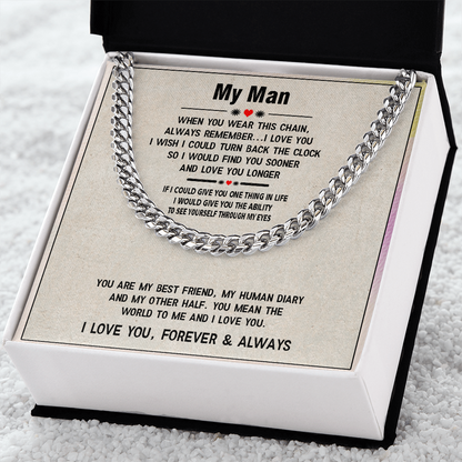 Men's Cuban Link Chain – Sentimental Gift for Boyfriend or Husband, Stainless Steel or 14K Gold, Adjustable Length, Meaningful Love Message for Him