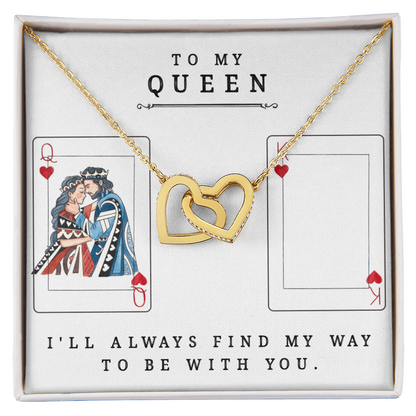 To My Queen Necklace – King & Queen Playing Card Design – Interlocking Hearts with CZ – Romantic Girlfriend Gift – Anniversary, Valentine's Day Jewelry