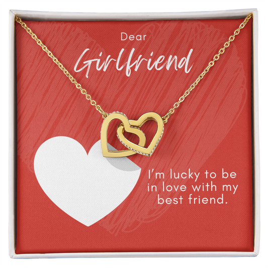 Interlocking Hearts Necklace for Girlfriend – CZ Double Heart Pendant – Forever Love Jewelry – ‘In Love with My Best Friend' Message Card – Anniversary, Birthday, Valentine's Day Gift