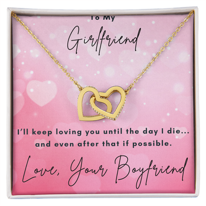 Girlfriend Interlocking Hearts Necklace – Double Heart CZ Pendant – Romantic Jewelry Gift – Love Message Card – Valentine's Day, Anniversary, Birthday