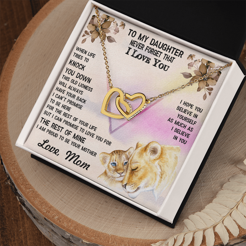 To My Daughter – Interlocking Hearts Necklace- No Matter What, I Will Always Love You – Lioness-Themed Message from Mom – Emotional Jewelry Gift for Birthday or Graduation