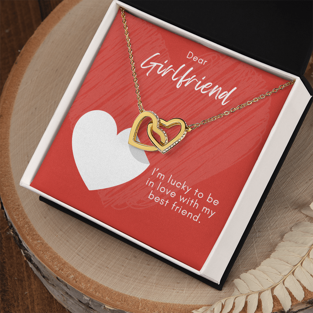 Interlocking Hearts Necklace for Girlfriend – CZ Double Heart Pendant – Forever Love Jewelry – ‘In Love with My Best Friend' Message Card – Anniversary, Birthday, Valentine's Day Gift