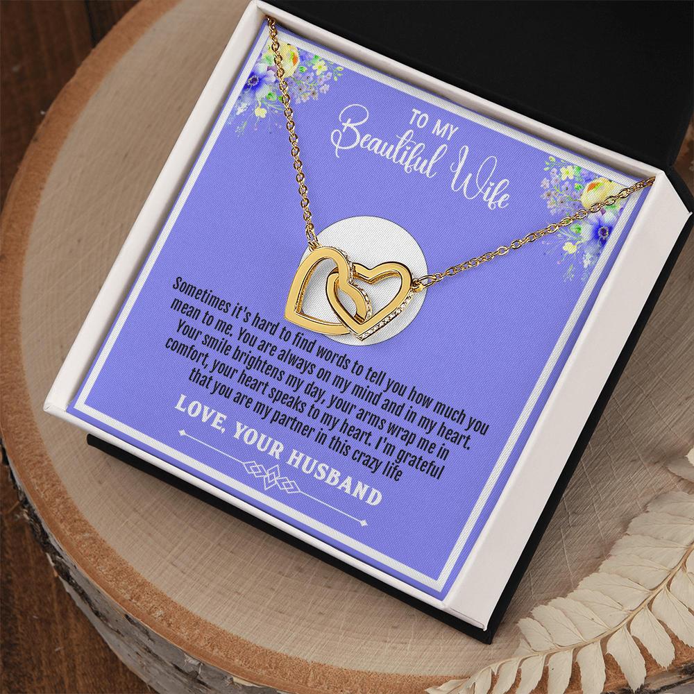 To My Beautiful Wife – Interlocking Hearts Necklace - Your Smile Brightens My Day, Your Heart Speaks to Mine – Sentimental Message Card Gift from Husband for Any Special Occasion