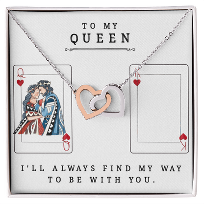 To My Queen Necklace – King & Queen Playing Card Design – Interlocking Hearts with CZ – Romantic Girlfriend Gift – Anniversary, Valentine's Day Jewelry