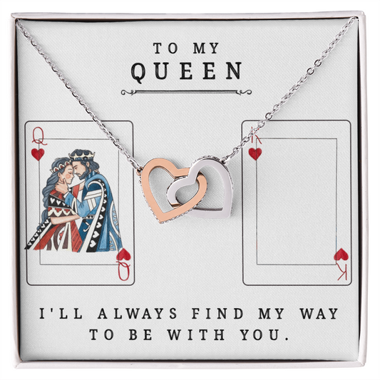 To My Queen Necklace – King & Queen Playing Card Design – Interlocking Hearts with CZ – Romantic Girlfriend Gift – Anniversary, Valentine's Day Jewelry