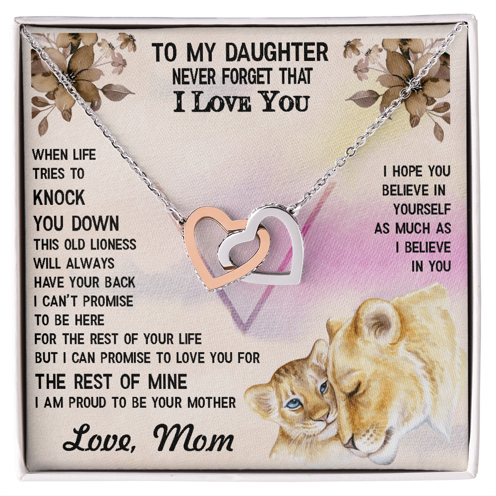 To My Daughter – Interlocking Hearts Necklace- No Matter What, I Will Always Love You – Lioness-Themed Message from Mom – Emotional Jewelry Gift for Birthday or Graduation
