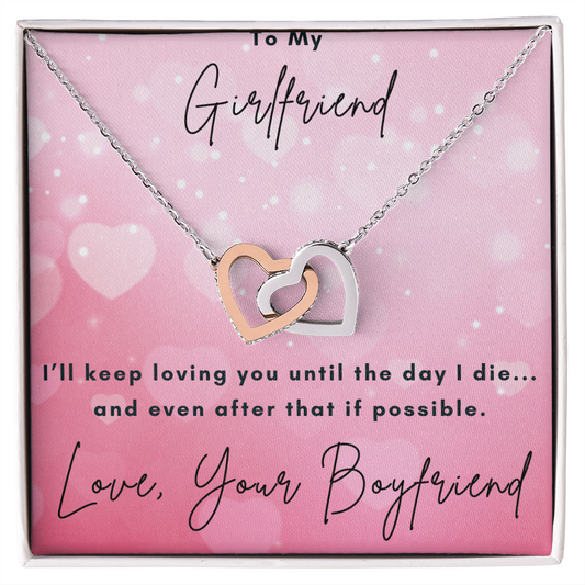 Girlfriend Interlocking Hearts Necklace – Double Heart CZ Pendant – Romantic Jewelry Gift – Love Message Card – Valentine's Day, Anniversary, Birthday