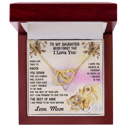 To My Daughter – Interlocking Hearts Necklace- No Matter What, I Will Always Love You – Lioness-Themed Message from Mom – Emotional Jewelry Gift for Birthday or Graduation