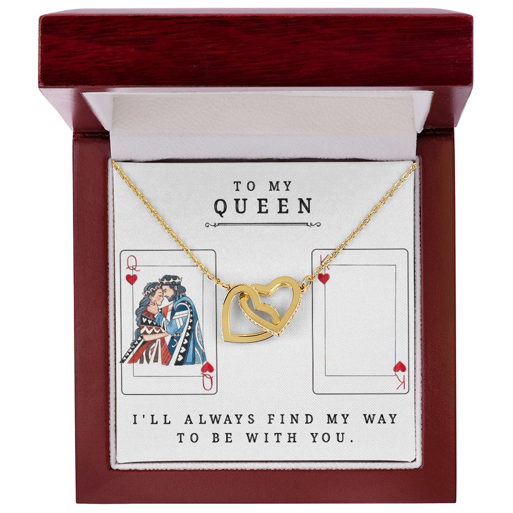 To My Queen Necklace – King & Queen Playing Card Design – Interlocking Hearts with CZ – Romantic Girlfriend Gift – Anniversary, Valentine's Day Jewelry