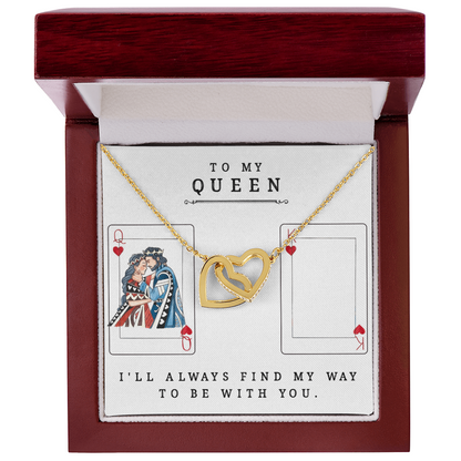 To My Queen Necklace – King & Queen Playing Card Design – Interlocking Hearts with CZ – Romantic Girlfriend Gift – Anniversary, Valentine's Day Jewelry