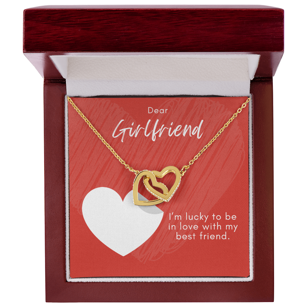 Interlocking Hearts Necklace for Girlfriend – CZ Double Heart Pendant – Forever Love Jewelry – ‘In Love with My Best Friend' Message Card – Anniversary, Birthday, Valentine's Day Gift