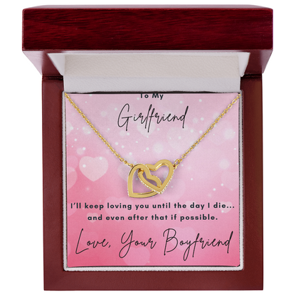 Girlfriend Interlocking Hearts Necklace – Double Heart CZ Pendant – Romantic Jewelry Gift – Love Message Card – Valentine's Day, Anniversary, Birthday