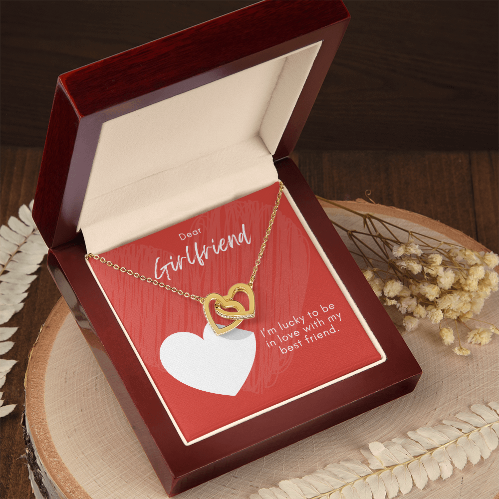 Interlocking Hearts Necklace for Girlfriend – CZ Double Heart Pendant – Forever Love Jewelry – ‘In Love with My Best Friend' Message Card – Anniversary, Birthday, Valentine's Day Gift
