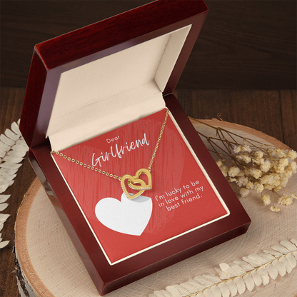 Interlocking Hearts Necklace for Girlfriend – CZ Double Heart Pendant – Forever Love Jewelry – ‘In Love with My Best Friend' Message Card – Anniversary, Birthday, Valentine's Day Gift