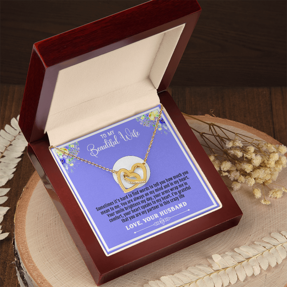 To My Beautiful Wife – Interlocking Hearts Necklace - Your Smile Brightens My Day, Your Heart Speaks to Mine – Sentimental Message Card Gift from Husband for Any Special Occasion