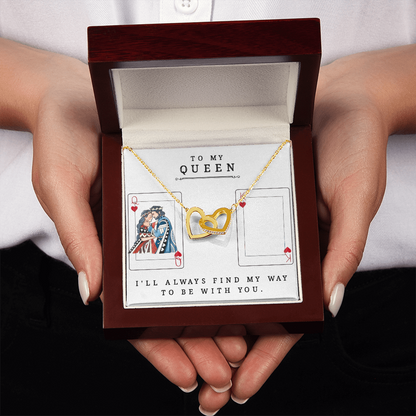 To My Queen Necklace – King & Queen Playing Card Design – Interlocking Hearts with CZ – Romantic Girlfriend Gift – Anniversary, Valentine's Day Jewelry