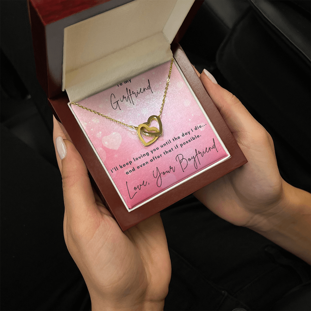 Girlfriend Interlocking Hearts Necklace – Double Heart CZ Pendant – Romantic Jewelry Gift – Love Message Card – Valentine's Day, Anniversary, Birthday