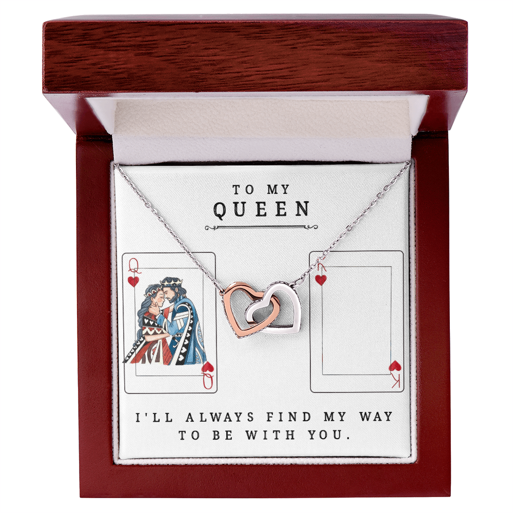 To My Queen Necklace – King & Queen Playing Card Design – Interlocking Hearts with CZ – Romantic Girlfriend Gift – Anniversary, Valentine's Day Jewelry