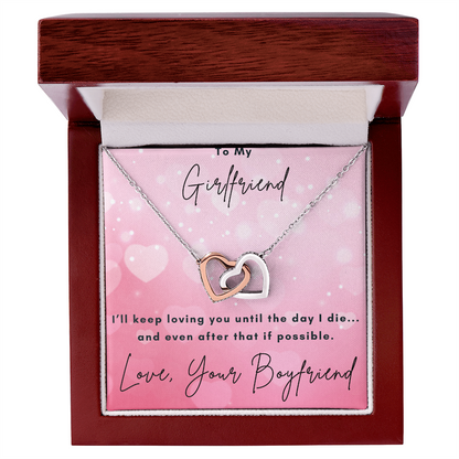 Girlfriend Interlocking Hearts Necklace – Double Heart CZ Pendant – Romantic Jewelry Gift – Love Message Card – Valentine's Day, Anniversary, Birthday