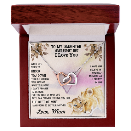 To My Daughter – Interlocking Hearts Necklace- No Matter What, I Will Always Love You – Lioness-Themed Message from Mom – Emotional Jewelry Gift for Birthday or Graduation