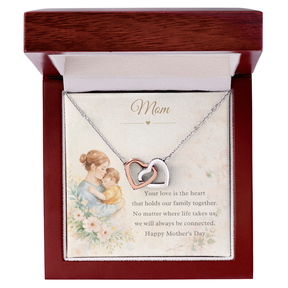 Interlocking Hearts Mom Necklace – Mother's Day Gift from Son or Daughter | Watercolor Mother & Child Message Card