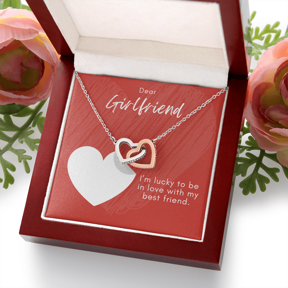 Interlocking Hearts Necklace for Girlfriend – CZ Double Heart Pendant – Forever Love Jewelry – ‘In Love with My Best Friend' Message Card – Anniversary, Birthday, Valentine's Day Gift