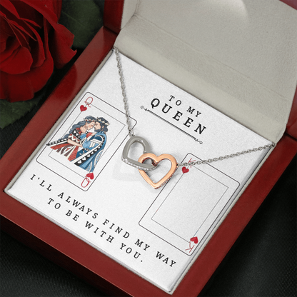 To My Queen Necklace – King & Queen Playing Card Design – Interlocking Hearts with CZ – Romantic Girlfriend Gift – Anniversary, Valentine's Day Jewelry