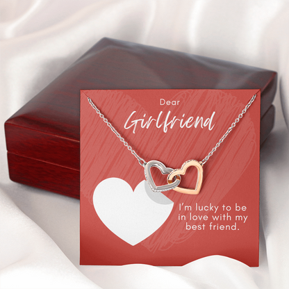 Interlocking Hearts Necklace for Girlfriend – CZ Double Heart Pendant – Forever Love Jewelry – ‘In Love with My Best Friend' Message Card – Anniversary, Birthday, Valentine's Day Gift