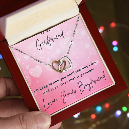 Girlfriend Interlocking Hearts Necklace – Double Heart CZ Pendant – Romantic Jewelry Gift – Love Message Card – Valentine's Day, Anniversary, Birthday
