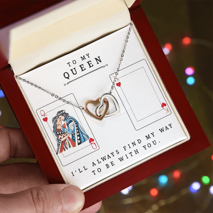 To My Queen Necklace – King & Queen Playing Card Design – Interlocking Hearts with CZ – Romantic Girlfriend Gift – Anniversary, Valentine's Day Jewelry