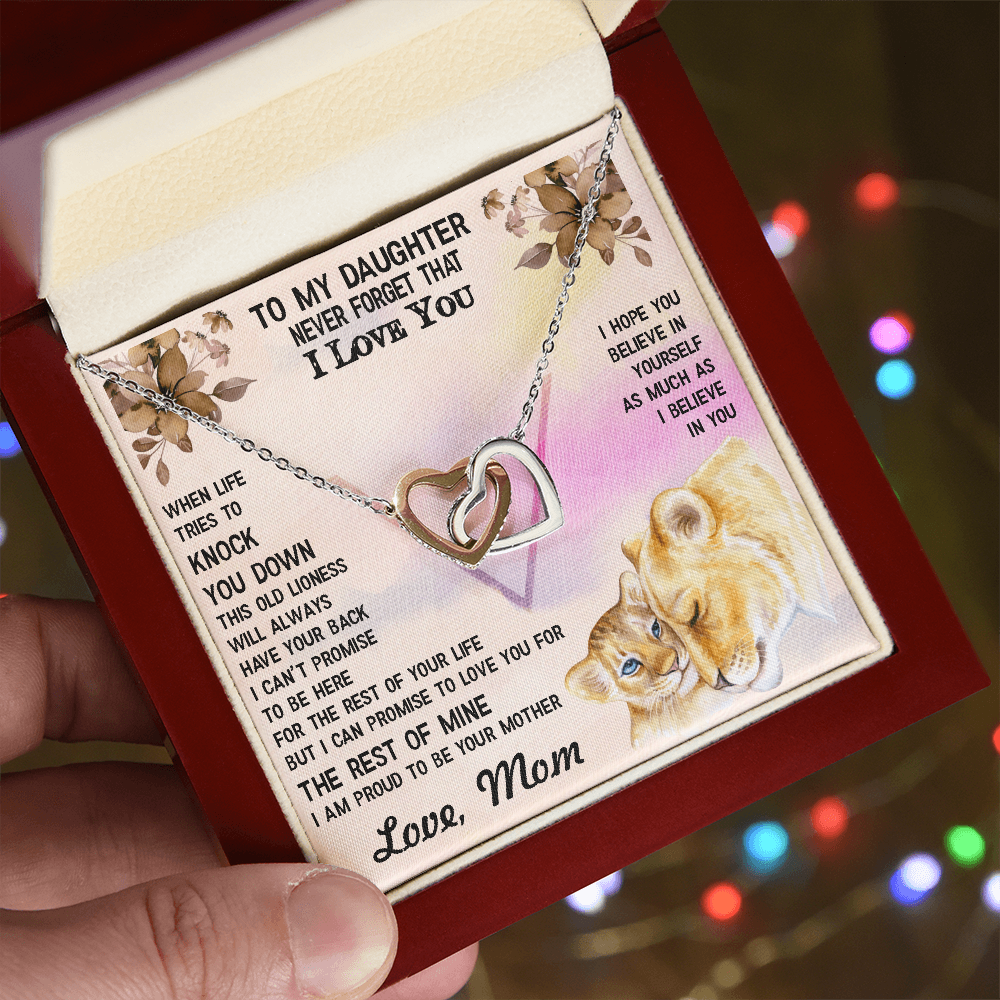 To My Daughter – Interlocking Hearts Necklace- No Matter What, I Will Always Love You – Lioness-Themed Message from Mom – Emotional Jewelry Gift for Birthday or Graduation