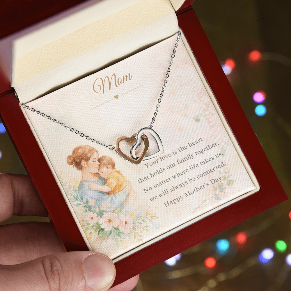 Interlocking Hearts Mom Necklace – Mother's Day Gift from Son or Daughter | Watercolor Mother & Child Message Card