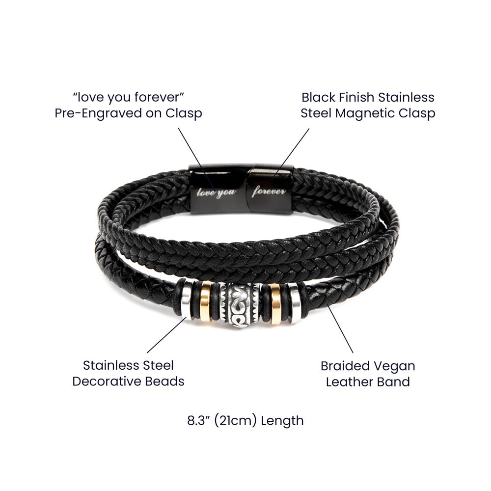Men’s Engraved Bracelet – Meaningful Gift for Husband, Vegan Leather & Stainless Steel, Magnetic Clasp, Romantic Anniversary or Birthday Gift