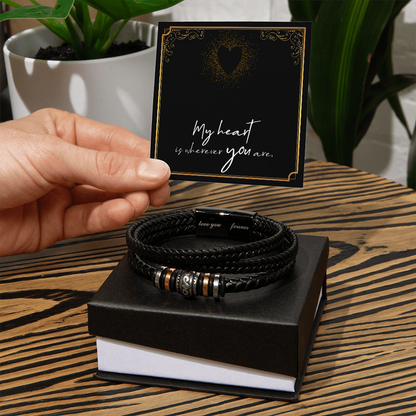 Men's Leather Bracelet with Engraved “Love You Forever” Message & Romantic Card Gift for Him