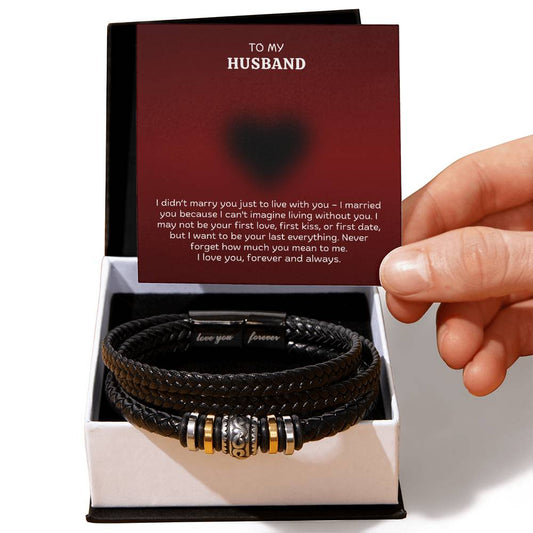 Men’s Engraved Bracelet – Meaningful Gift for Husband, Vegan Leather & Stainless Steel, Magnetic Clasp, Romantic Anniversary or Birthday Gift