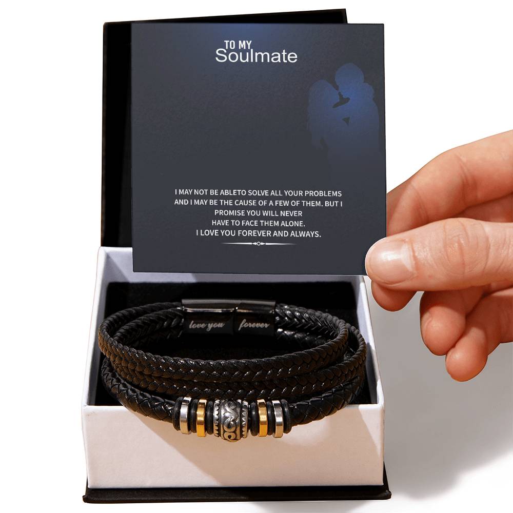 Men’s Engraved Bracelet – To My Soulmate Gift, Vegan Leather & Stainless Steel, Magnetic Clasp, Romantic Anniversary or Birthday Gift for Him