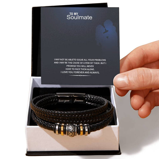 Men’s Engraved Bracelet – To My Soulmate Gift, Vegan Leather & Stainless Steel, Magnetic Clasp, Romantic Anniversary or Birthday Gift for Him