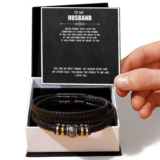 Men’s Engraved Bracelet – Love You Forever Gift for Husband, Vegan Leather & Stainless Steel, Magnetic Clasp, Anniversary or Birthday Gift