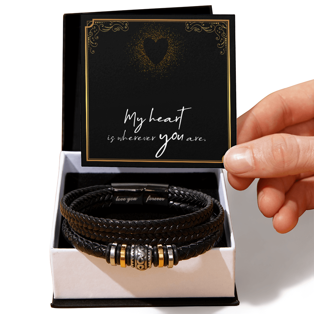 Men's Leather Bracelet with Engraved “Love You Forever” Message & Romantic Card Gift for Him