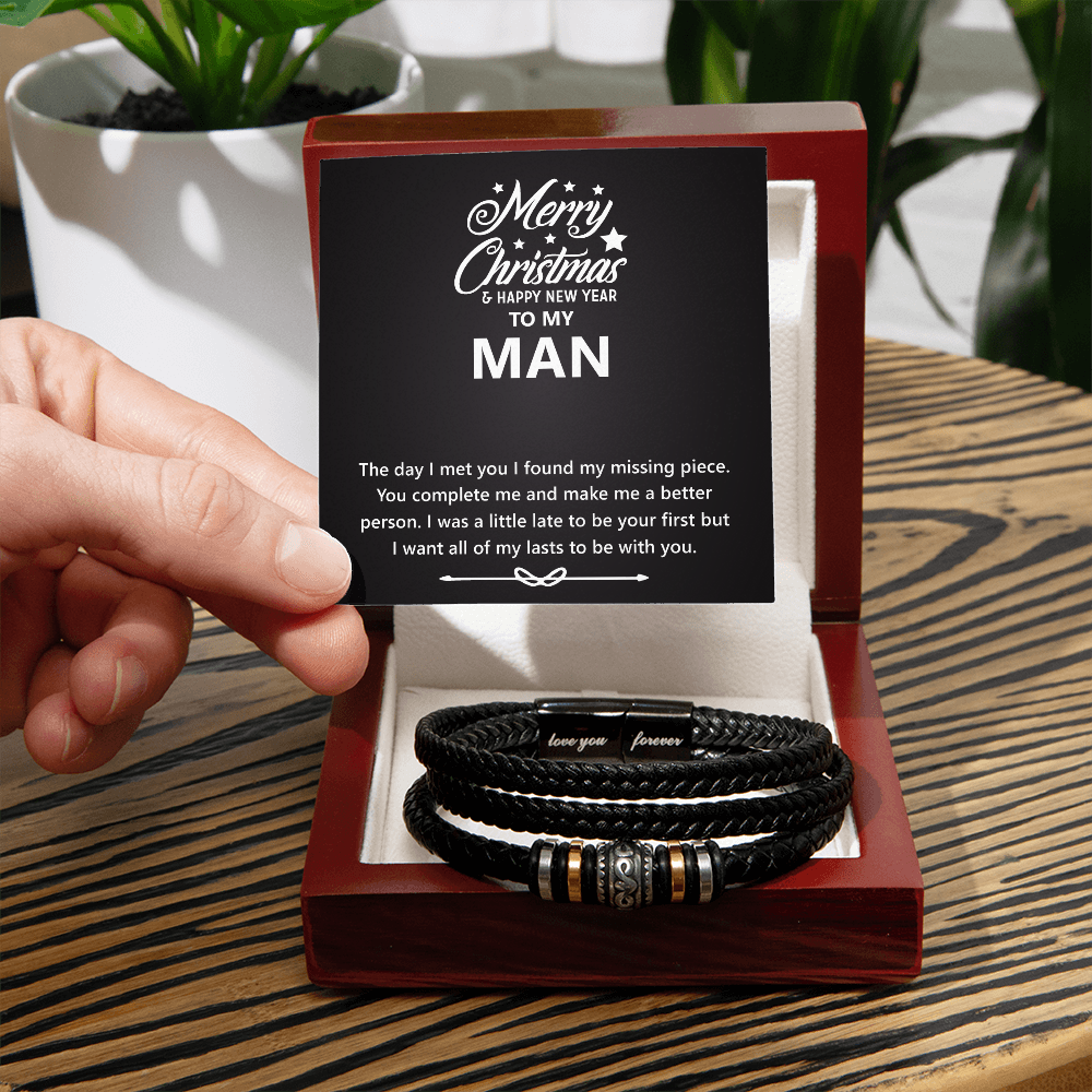 Men's Engraved Bracelet – Christmas & New Year Gift for Him, Vegan Leather & Stainless Steel, Magnetic Clasp, Sentimental Gift for Husband or Boyfriend