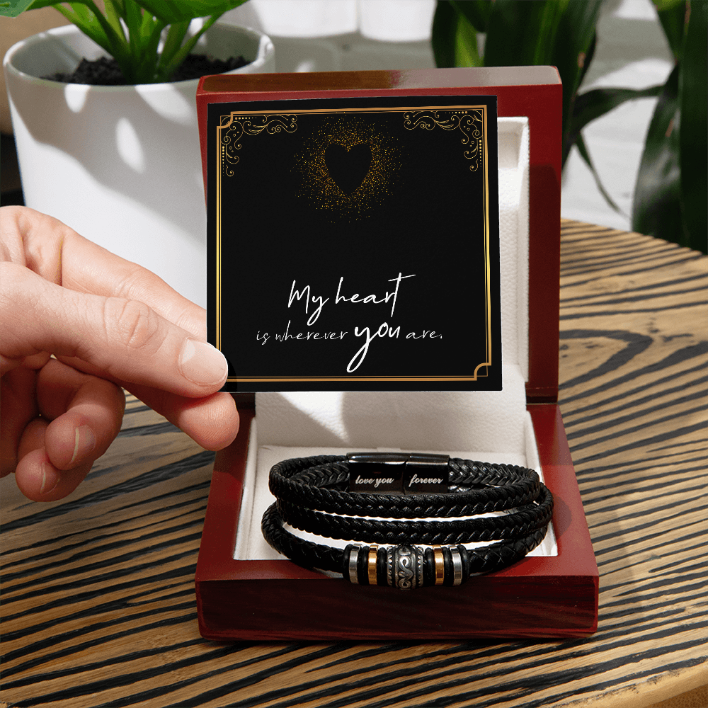 Men's Leather Bracelet with Engraved “Love You Forever” Message & Romantic Card Gift for Him