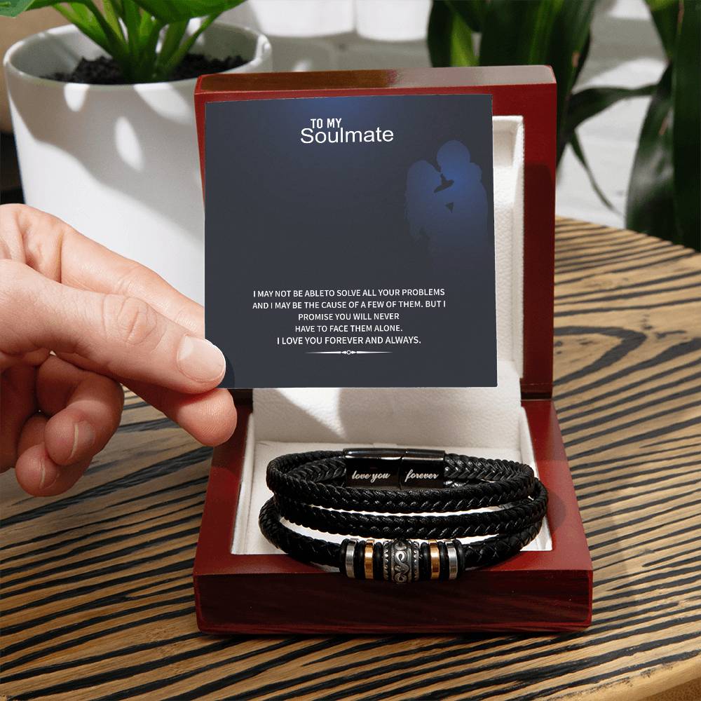 Men’s Engraved Bracelet – To My Soulmate Gift, Vegan Leather & Stainless Steel, Magnetic Clasp, Romantic Anniversary or Birthday Gift for Him